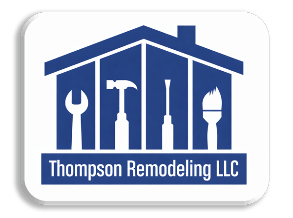 Logo for Thompson Remodeling LLC featuring a house silhouette containing four construction tools in blue and white.
