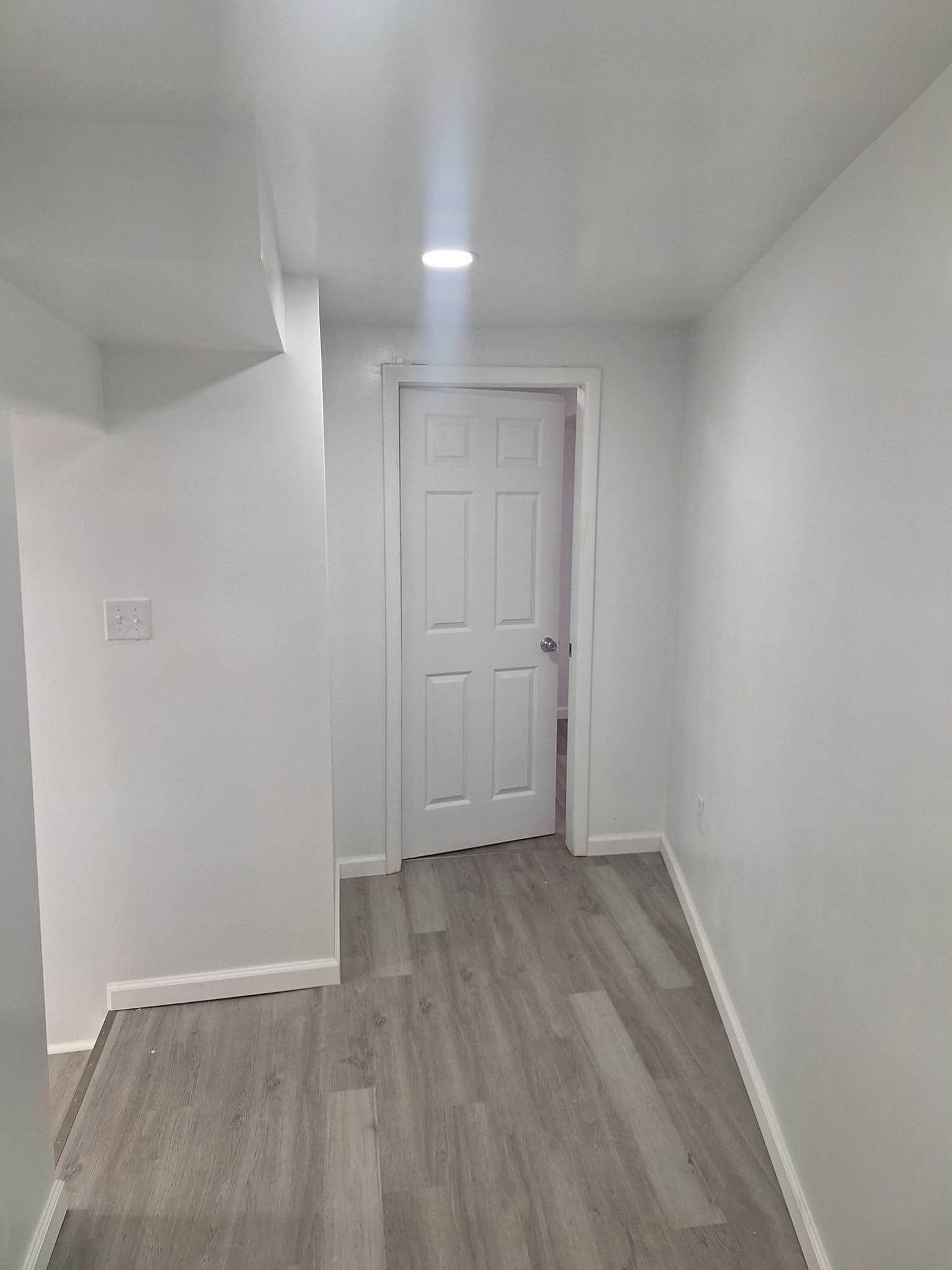A white-walled hallway with light wood-patterned flooring, featuring a closed six-panel door and a single ceiling light.