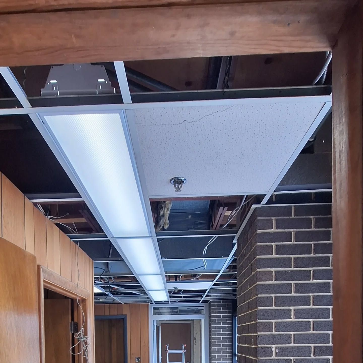 A drop ceiling under renovation with exposed structural beams, a lit panel, a fire sprinkler, and a brick wall.