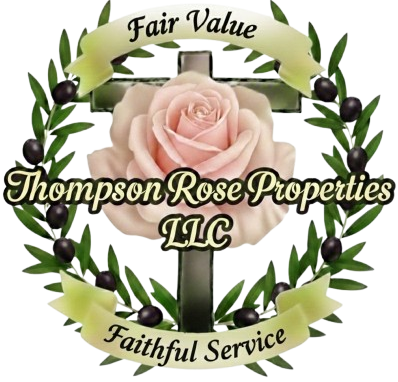A logo featuring a cross, a large pink rose, and green olive branches, with the text "Fair Value" and "Faithful Service".