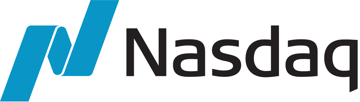 The nasdaq logo is blue and black with a blue arrow.