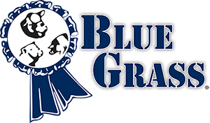 A blue grass logo with a blue ribbon