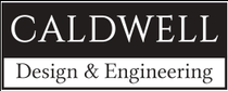 A black and white logo for caldwell design and engineering