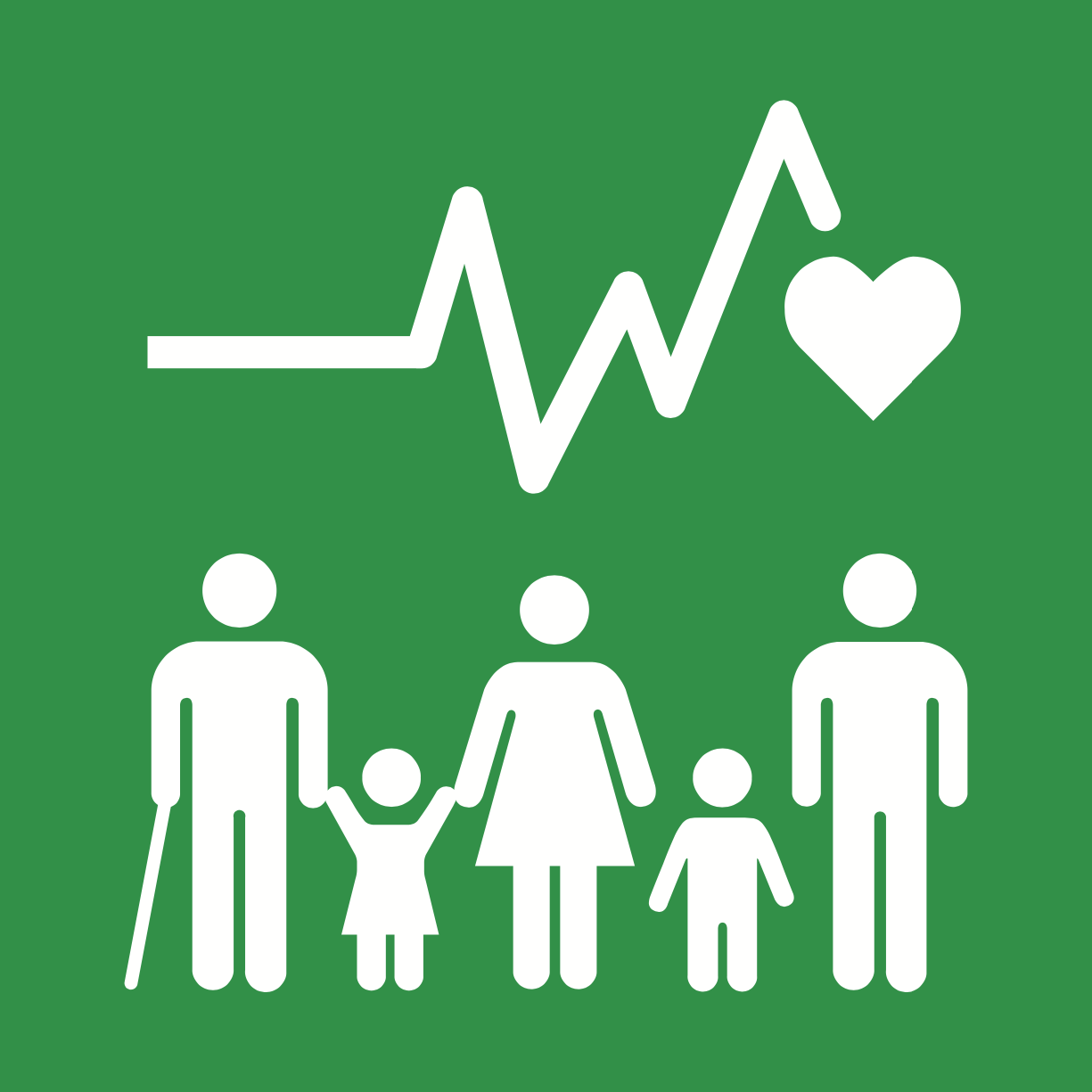 A family with a heartbeat and a heart on a green background.