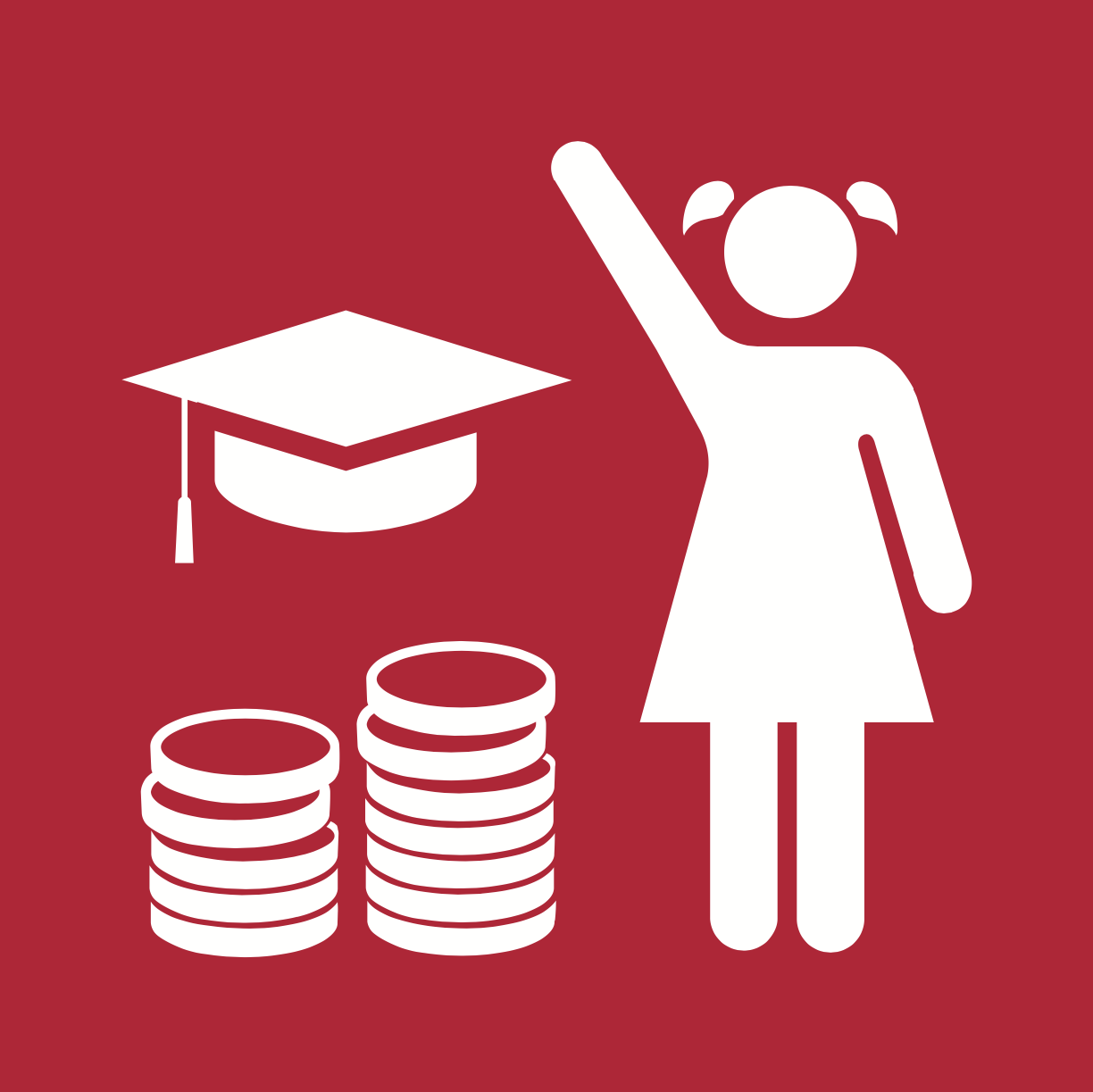 A girl is standing next to a stack of coins and a graduation cap.