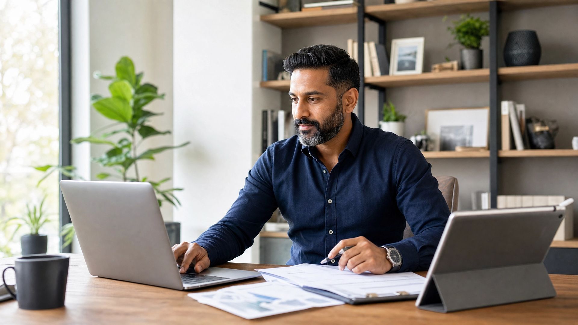 Man working at a desk with a laptop, papers, and tablet in a bright home office