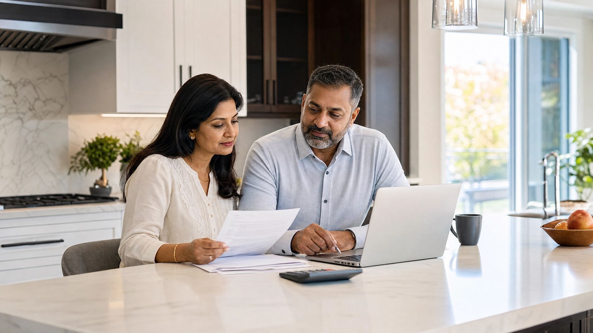 Two people reviewing documents beside a laptop in a bright kitchen