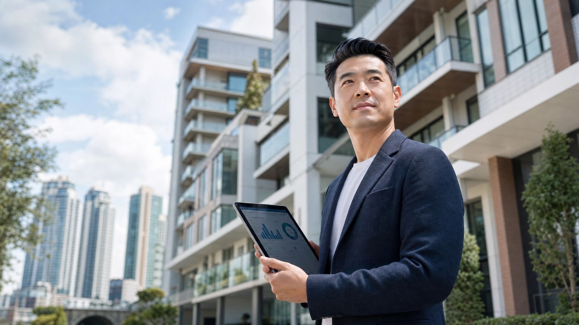 Man holding a tablet outside modern apartment buildings on a sunny day
