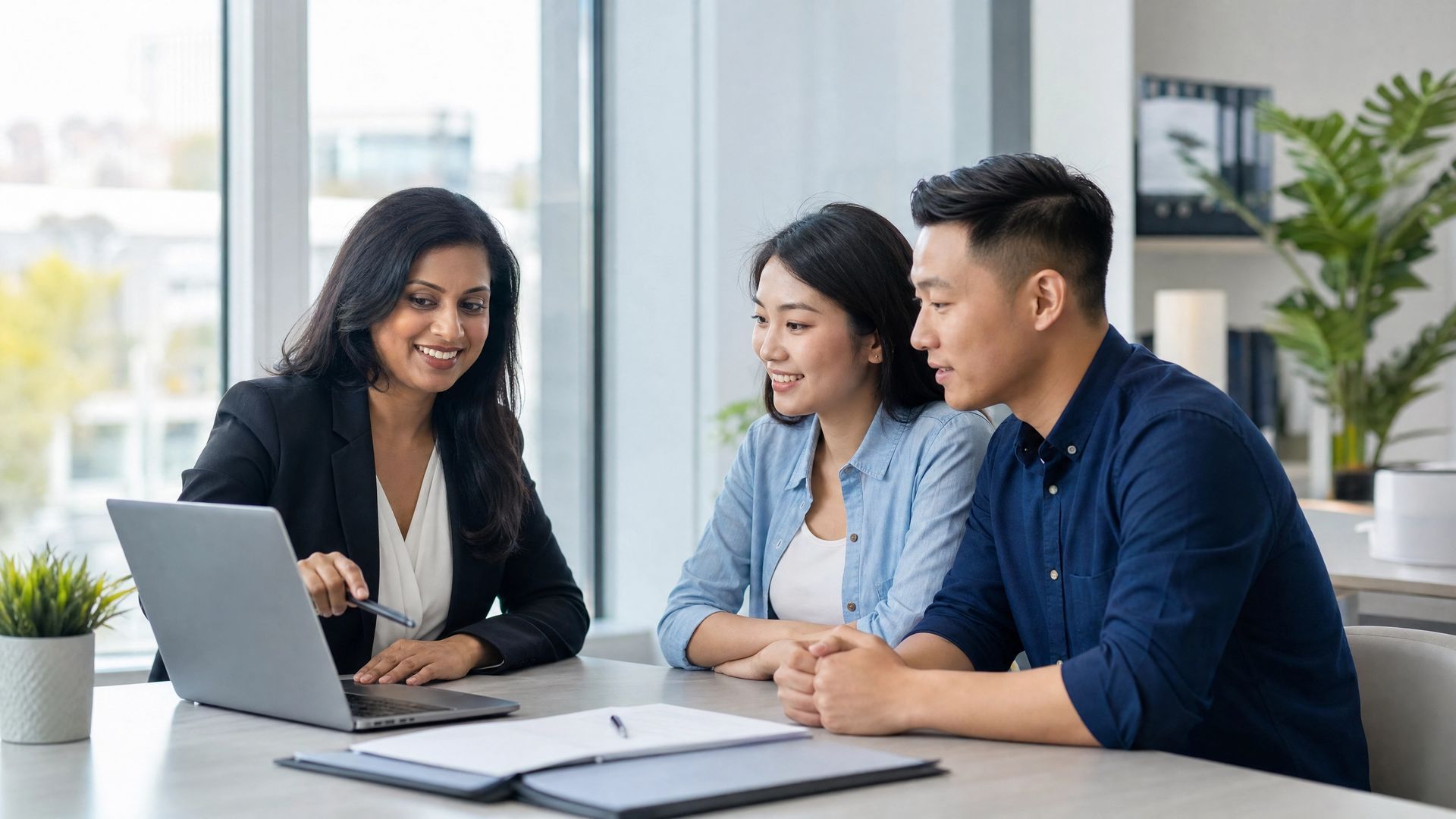 Three coworkers meeting at a desk with a laptop in a bright office