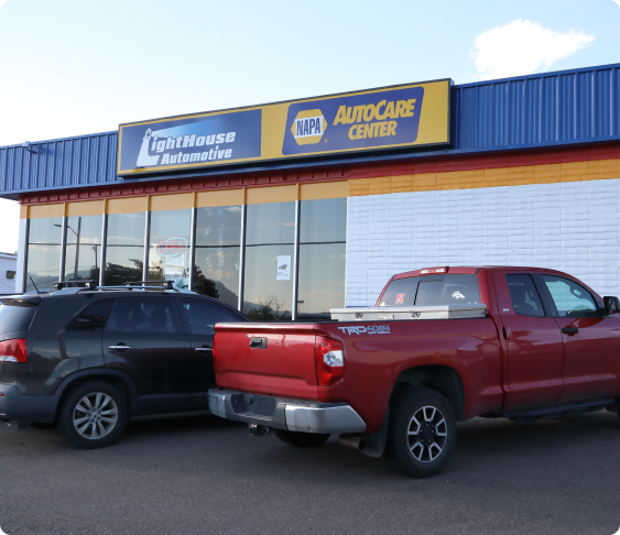 Shop front with red truck | LightHouse Automotive