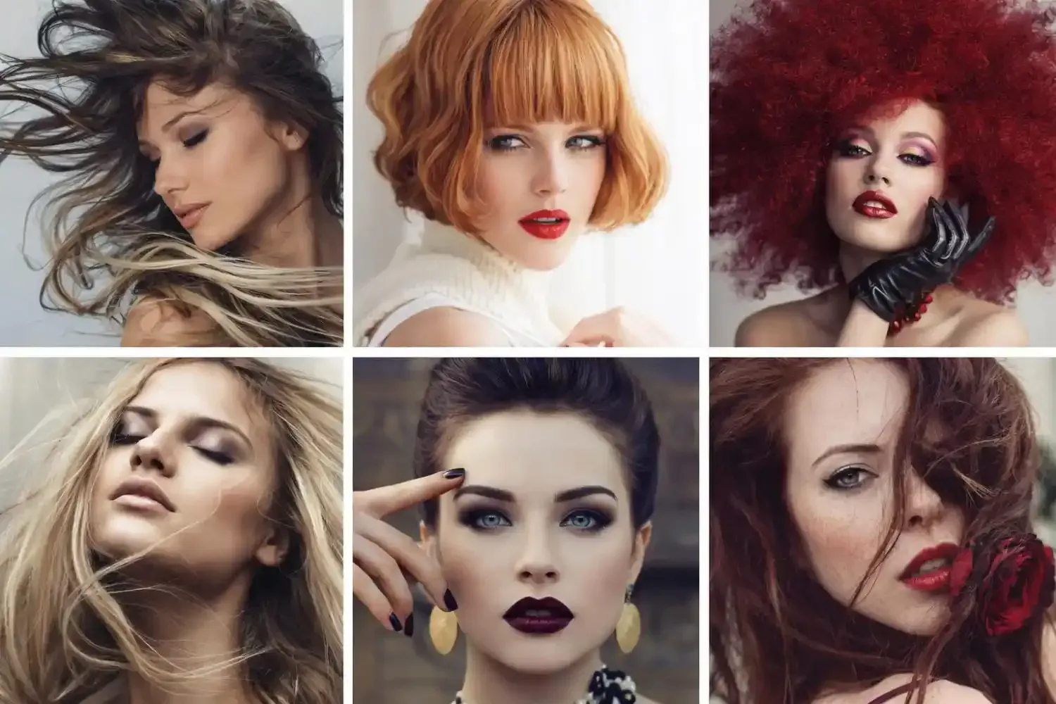 Sei donne con acconciature diverse e un rossetto audace.