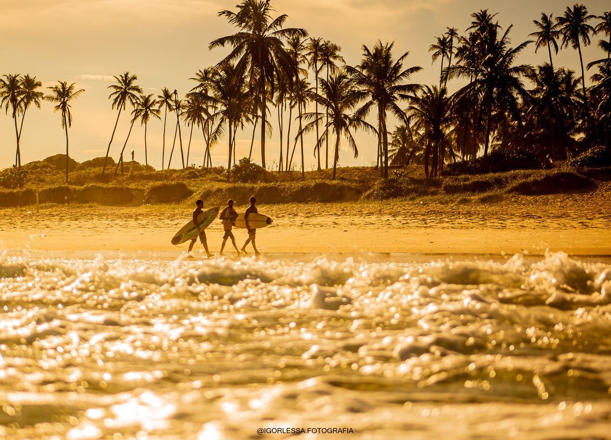 Foto de três surfistas no fim de tarde vistos do mar da Praia do Francês