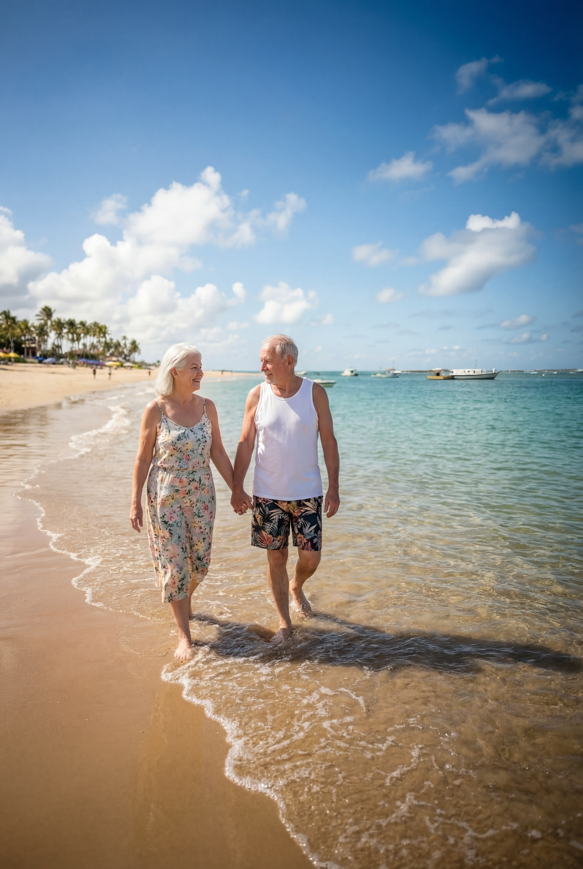 Casal da melhor idade caminhando de mãos dadas na orla de Maceió.