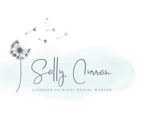 sally curran licensed clinical social worker business logo.  logo has name written and single dandelions blowing in the air. 