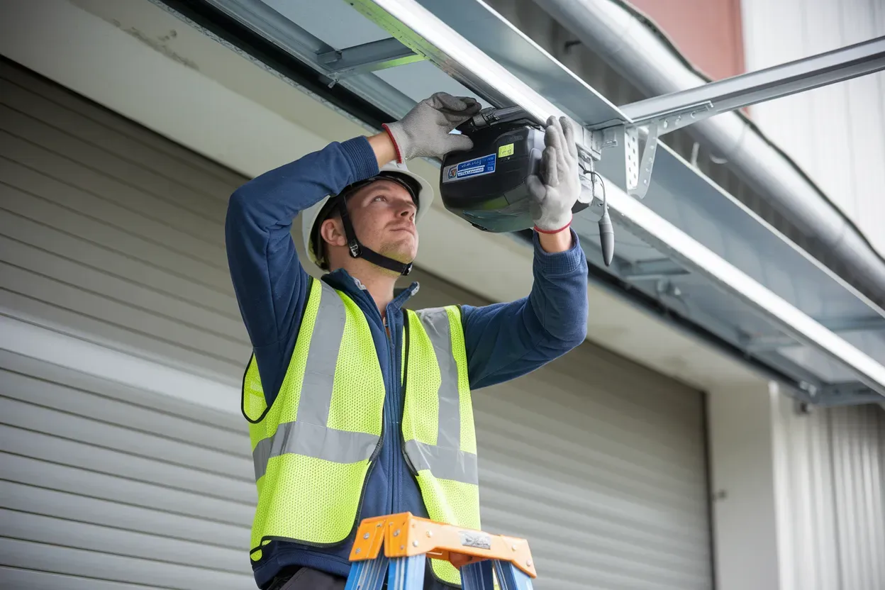 A worker installs an opener on a rolling garage door, wearing a hard hat and high-visibility vest.