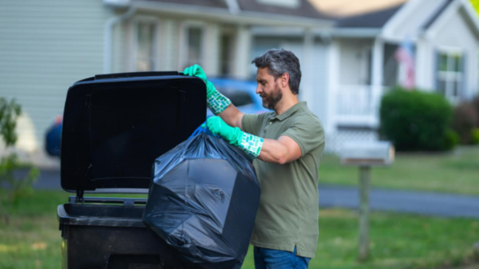 A man wearing green gloves places a black trash bag into a residential trash can outside his home, indicating routine waste disposal.