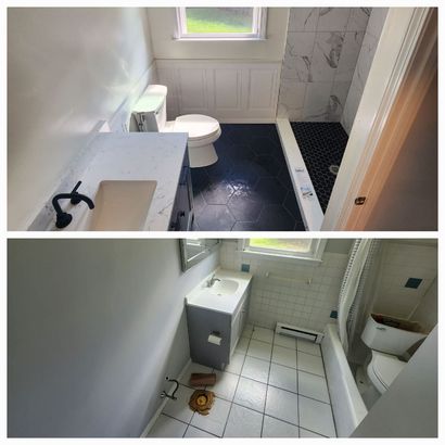 Before-and-after bathroom renovation with white fixtures, tiled shower, and updated vanity.