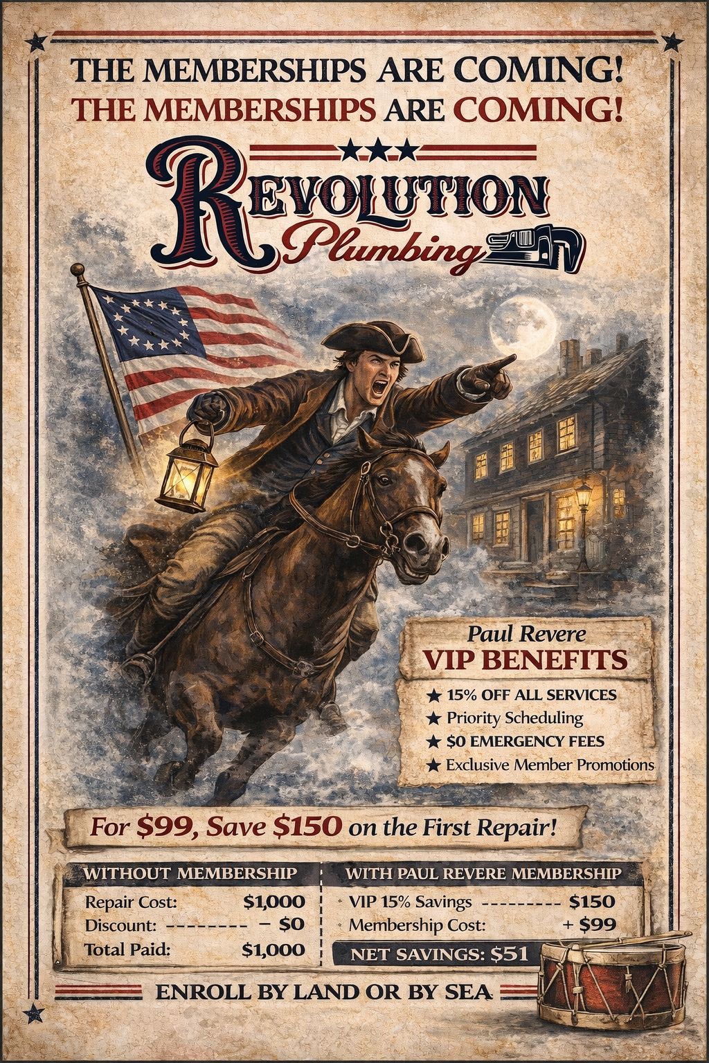 Vintage-style ad for Revolution Plumbing with a cowboy and “The memberships are coming!” headline