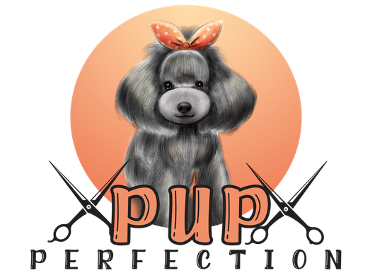A logo for pup perfection is shown on a white background