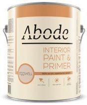 A can of interior paint and primer on a white background.