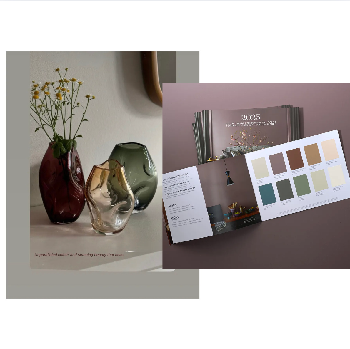 A vase filled with flowers next to a palette of colors.