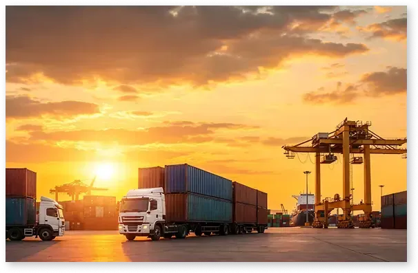 Auto transport carrier loading luxury SUVs at the port terminal with shipping cranes in the background for mainland delivery