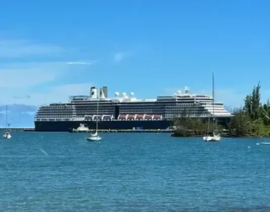 Large cruise ship docked in a harbor under a blue sky, with several sailboats nearby.