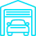 Car inside a garage with the garage door open, outlined in blue.