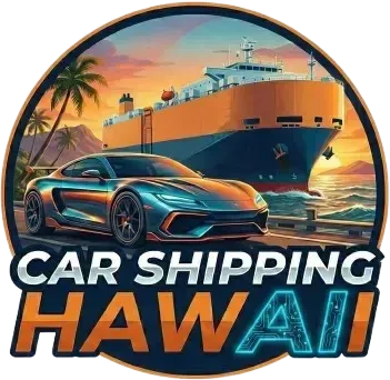 Car Shipping Hawaii logo: sports car, cargo ship at sunset, palm trees, text 