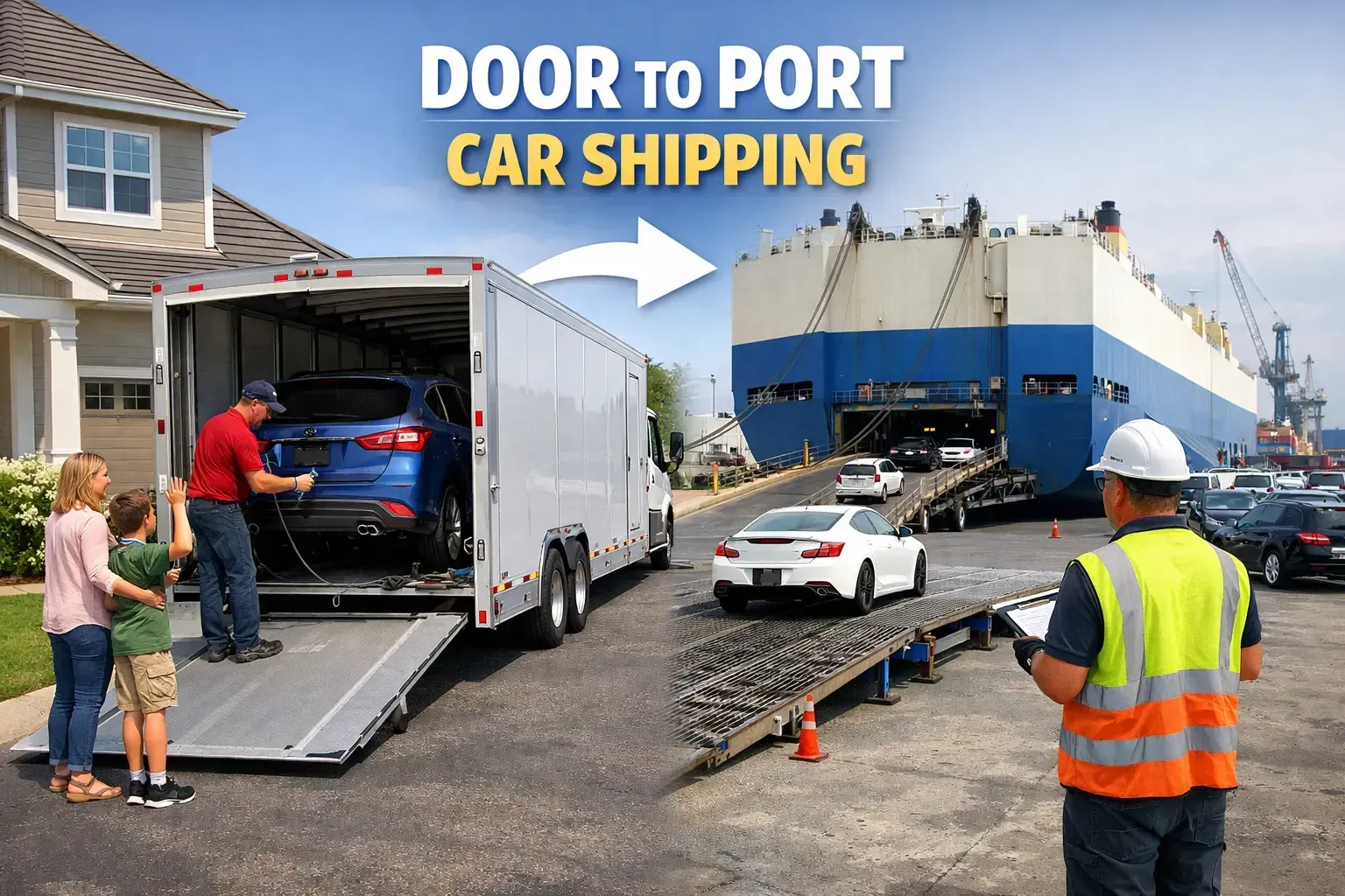 Auto transport carrier loading luxury SUVs at the port terminal with shipping cranes in the background for mainland delivery