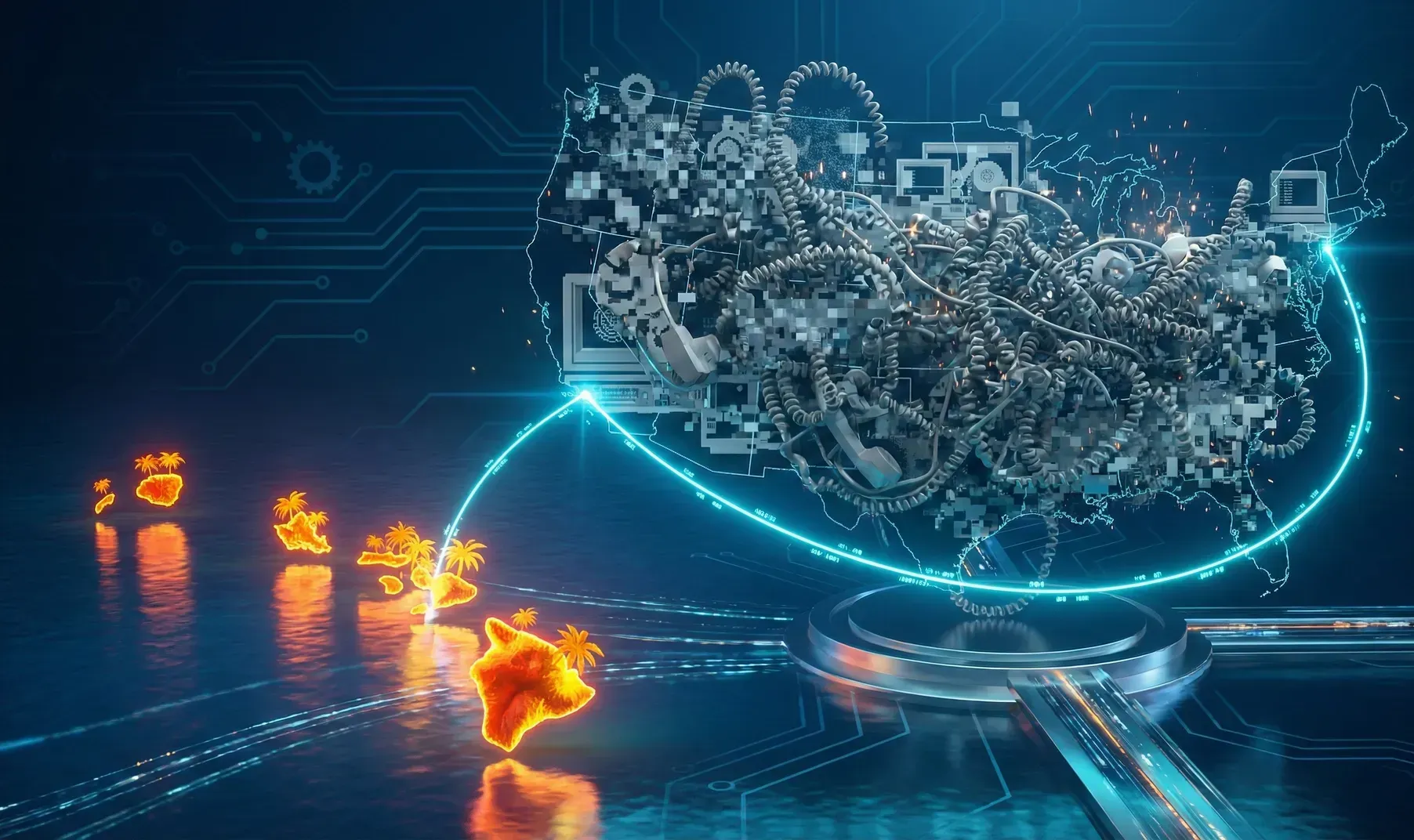 Abstract digital art of glowing objects connected by light to a network of mechanical components on a circuit board.