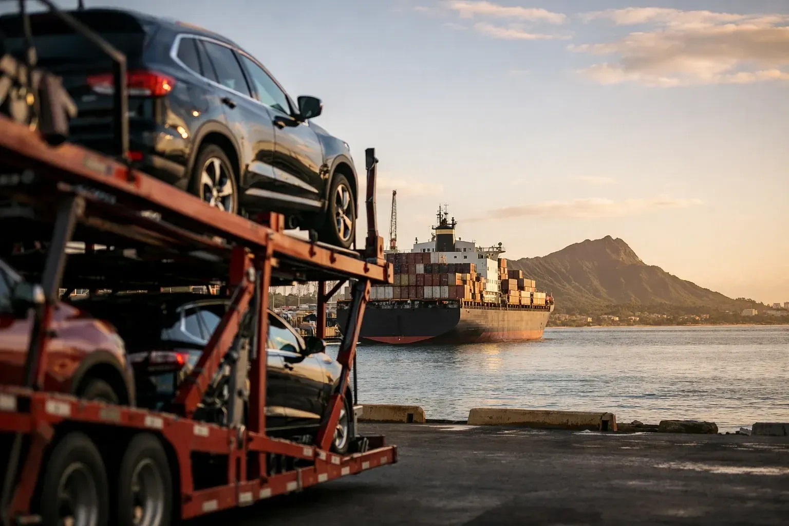 Car shipping truck and cargo ship at Hawaii port