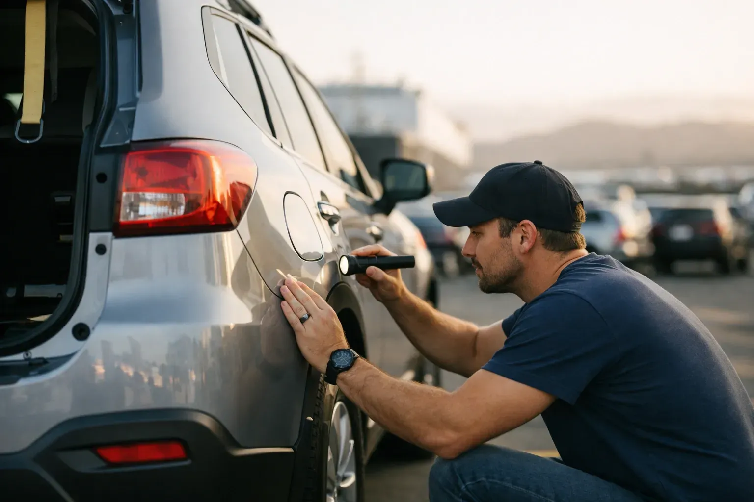 Man inspecting car exterior with flashlight at port, checking for damage after Hawaii vehicle