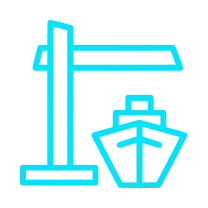 Blue outline of a crane loading a ship.