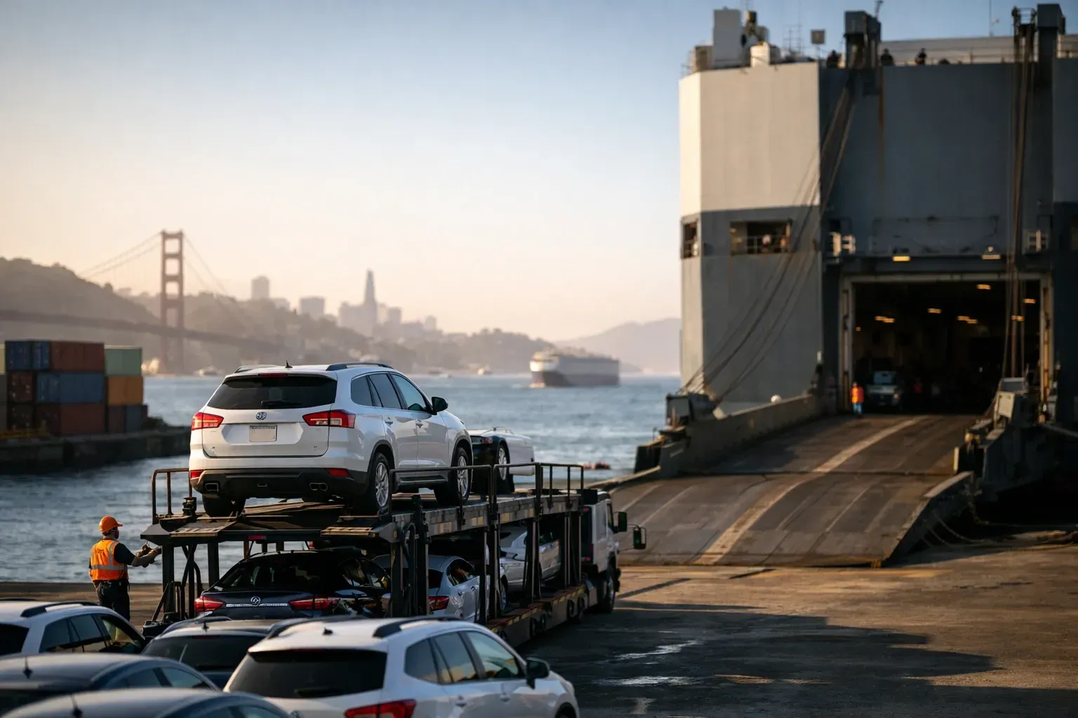 Car being loaded onto a cargo ship at San Francisco port 