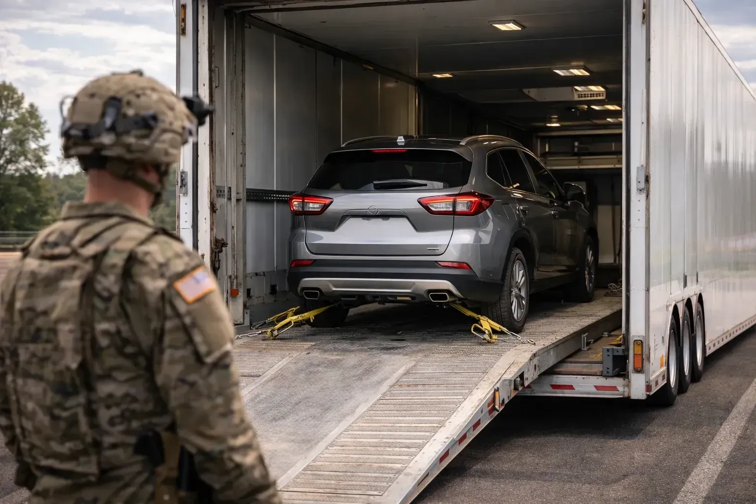 Auto transport carrier loading luxury SUVs at the port terminal with shipping cranes in the background for mainland delivery