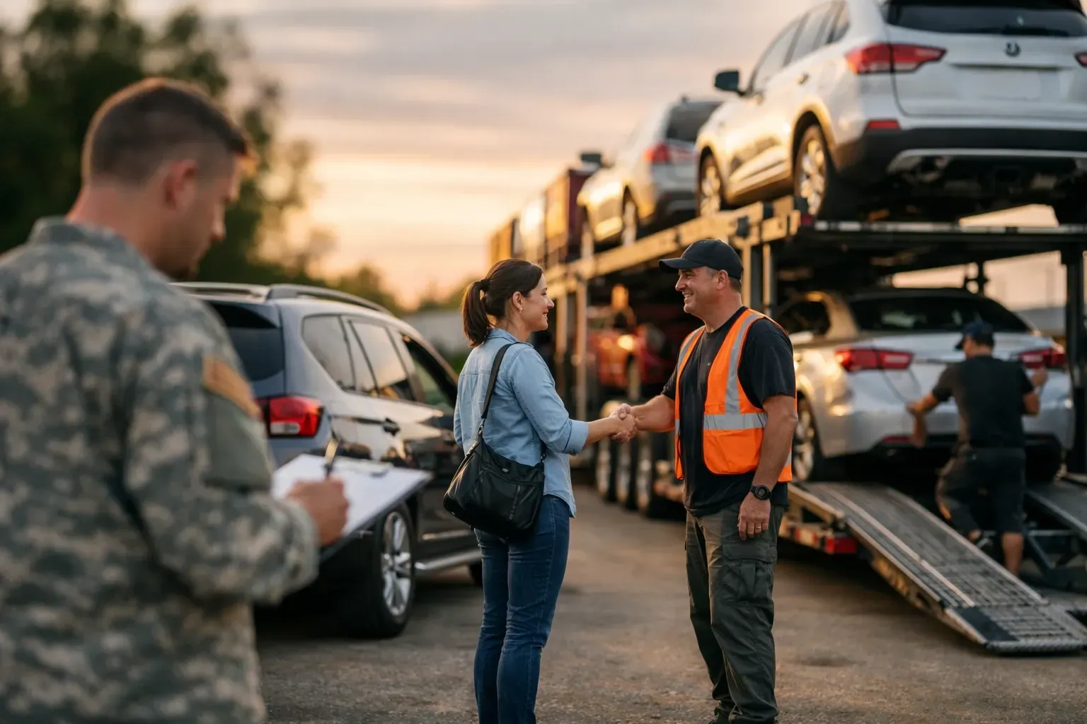 A person in a military uniform looks at a clipboard while a woman shakes hands with a worker by a car transport truck.