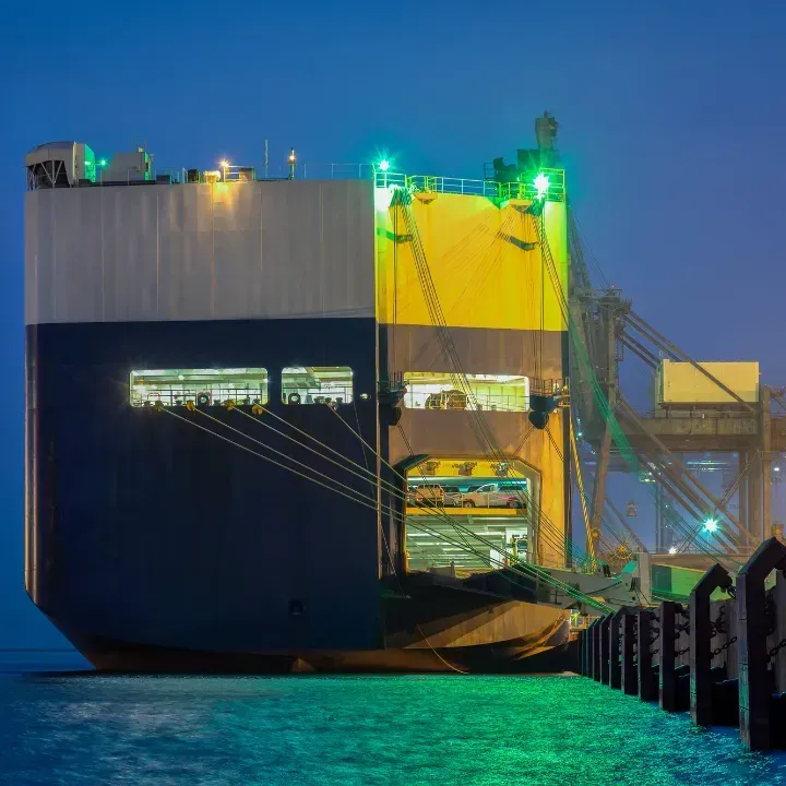 Large cargo ship docked at night, carrying vehicles, with lights reflecting on the water.