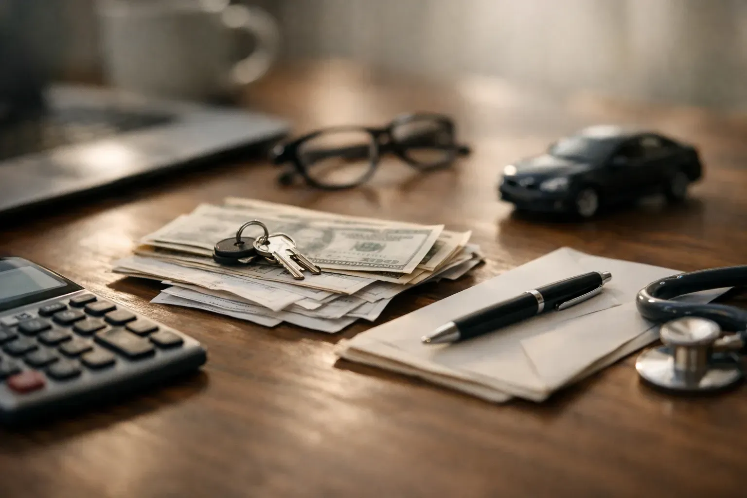 A wooden desk with a calculator, eyeglasses, toy car, stack of cash with keys, pen, paper, and a stethoscope.