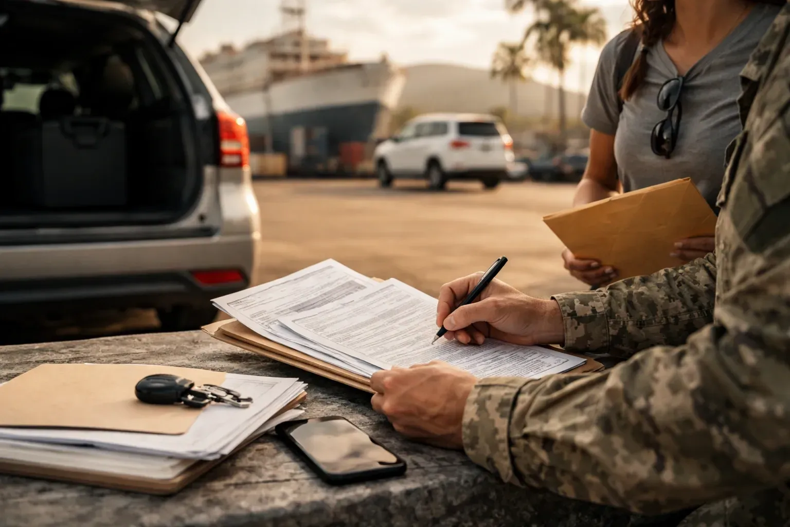 Customer shakes hands with car transport driver while vehicles are loaded onto carrier during PCS