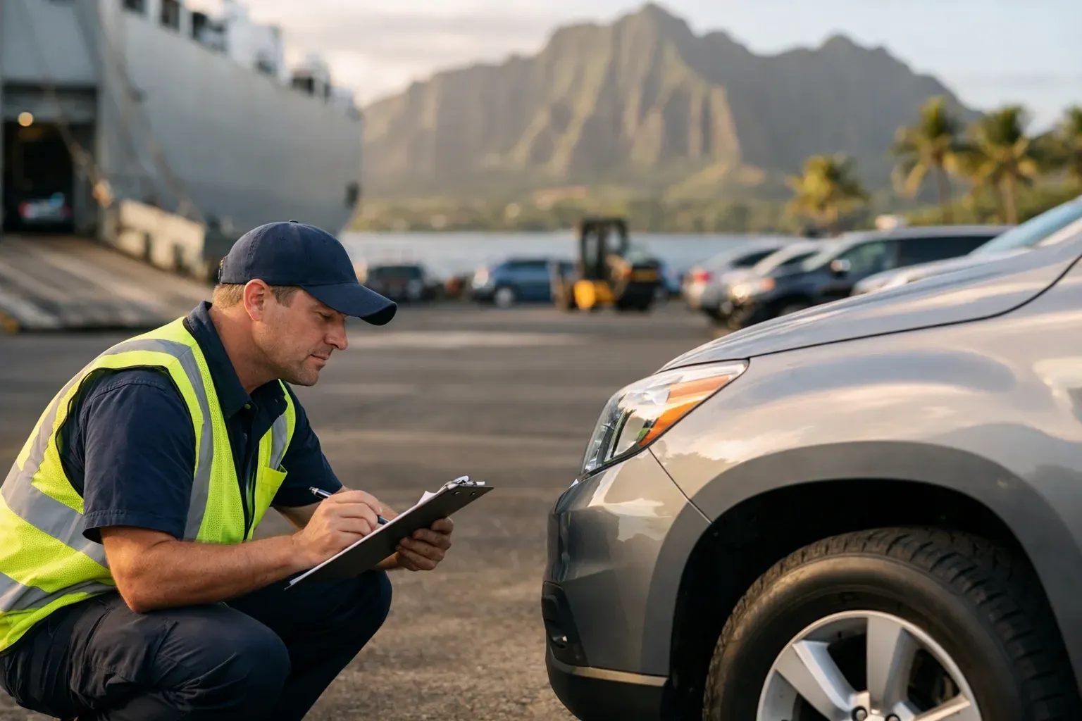 A worker in a high-visibility vest kneels to inspect a car on a pier with a large ship and mountains in the background.