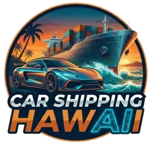 Logo: Blue sports car, cargo ship, palm trees, and 
