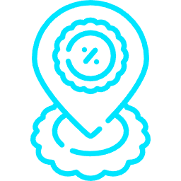 Blue location pin with a percentage symbol inside a badge, centered over a scalloped ring.