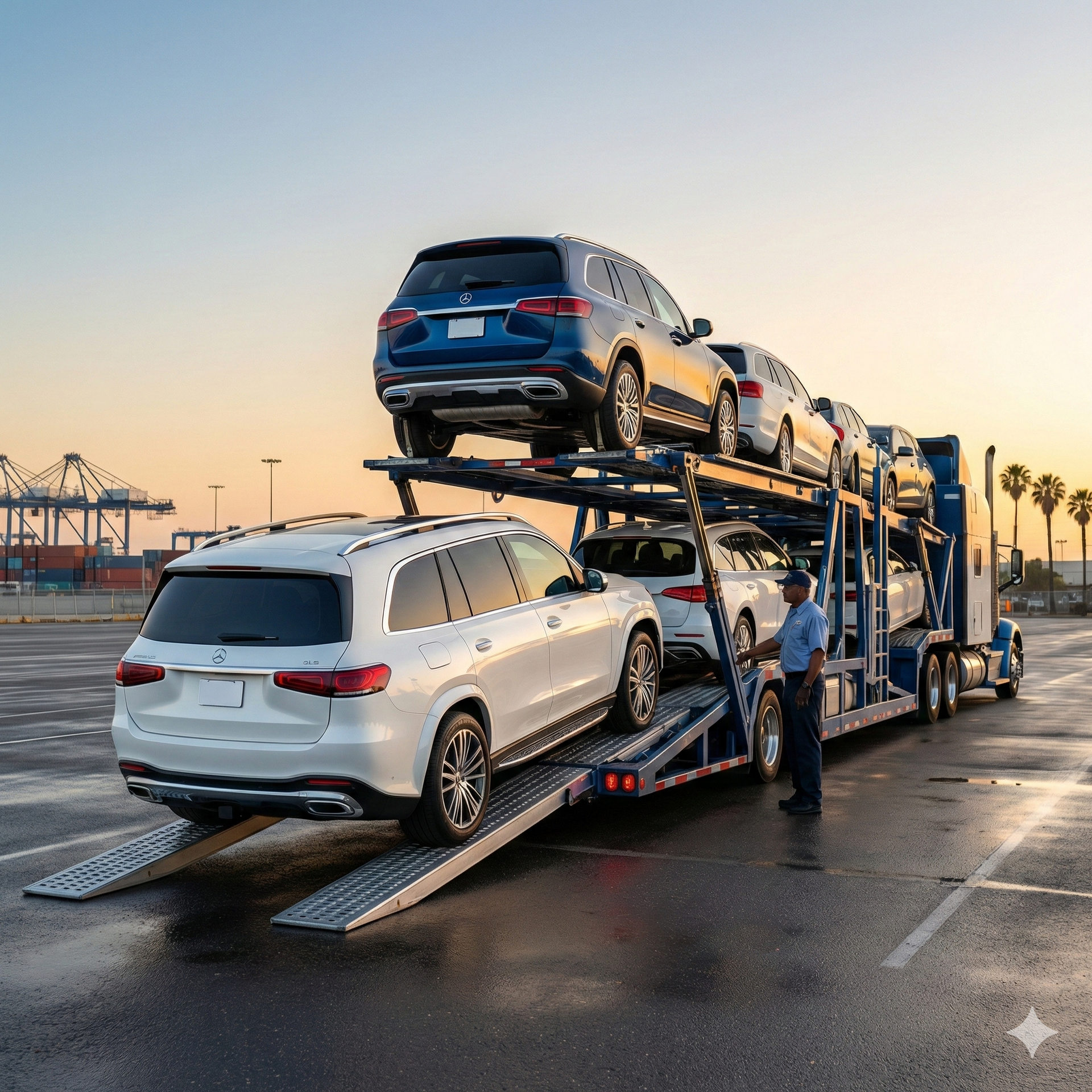 Auto transport carrier loading luxury SUVs at the port terminal with shipping cranes in the background for mainland delivery