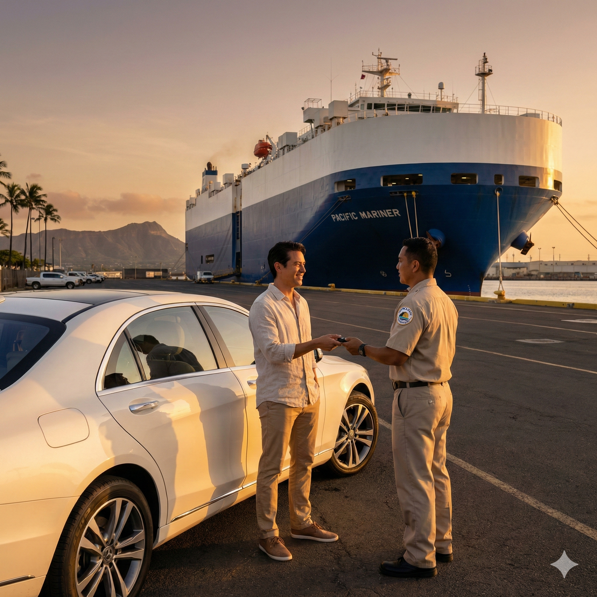 Ship Car From California to Hawaii with Matson | Car Shipping Hawaii Customer receiving vehicle keys from a port agent at the Hawaii Matson terminal with a large Roll-on Roll-off ship docked in the background