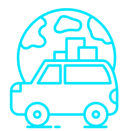 Blue car with packages on top, globe in the background, suggesting international shipping.