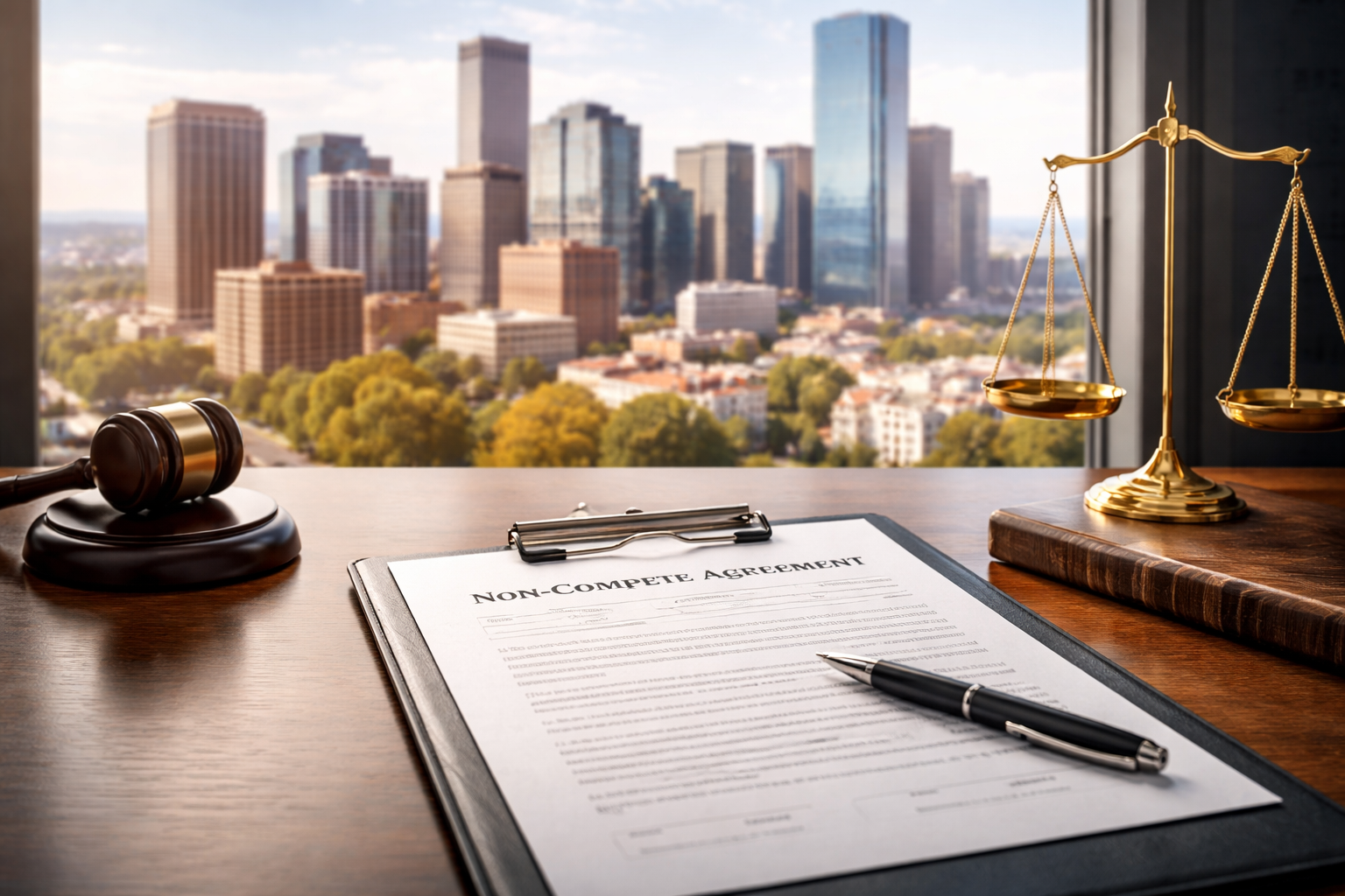 Denver employment law concept showing legal workspace with non-compete agreement and city skyline re