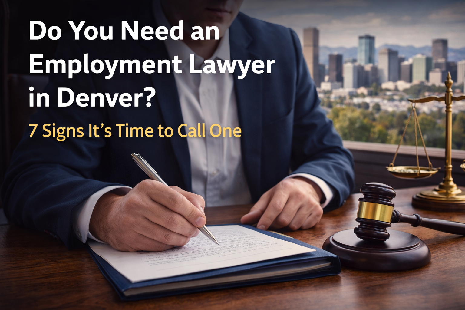 Employment lawyer in Denver office with legal documents, gavel, and scales of justice overlooking De