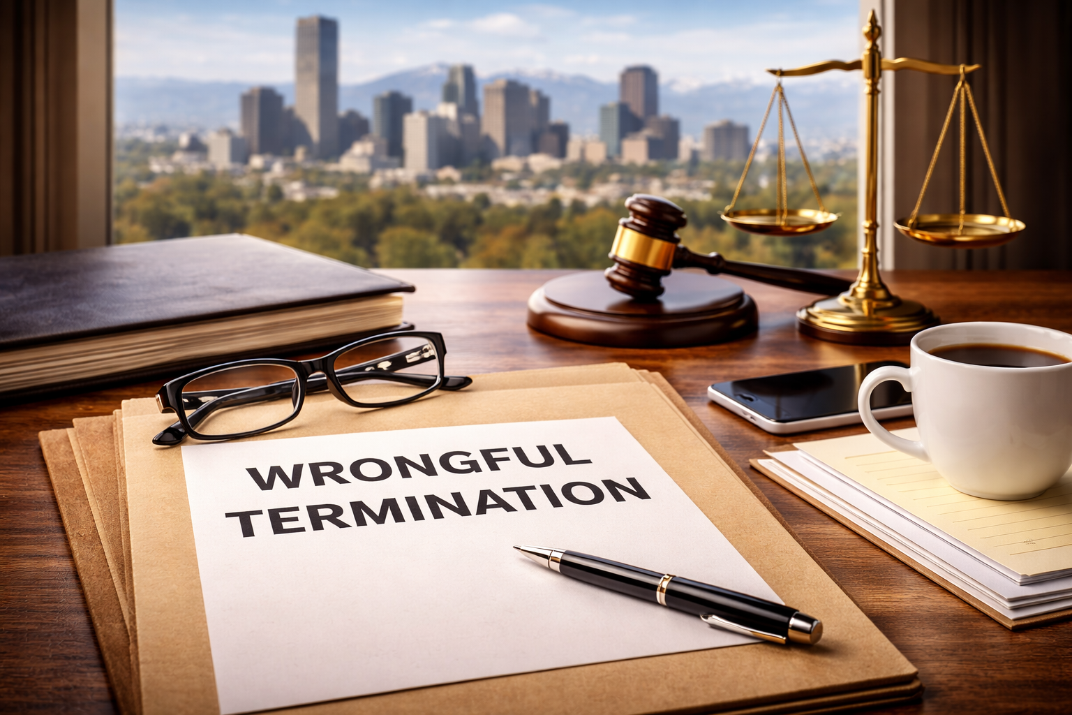 Wrongful termination case documents on desk in Denver law office
