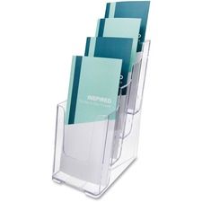 A clear brochure holder with four brochures in it.